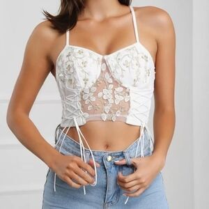 White Floral Embroidered Lace-Up Crop Top NWOT